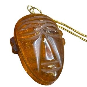 Vintage GF gold Amber carved Tribal Face Pendant Necklace